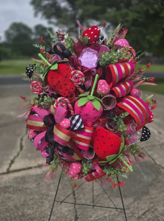 A summer arrangement on a stand, in pink and green, with strawberries, watermelon slices and striped ribbon.